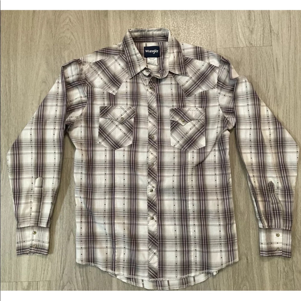 Wrangler Western Pearl Snap Shirt Men's Size M Purple Gray Plaid Long Sleeve